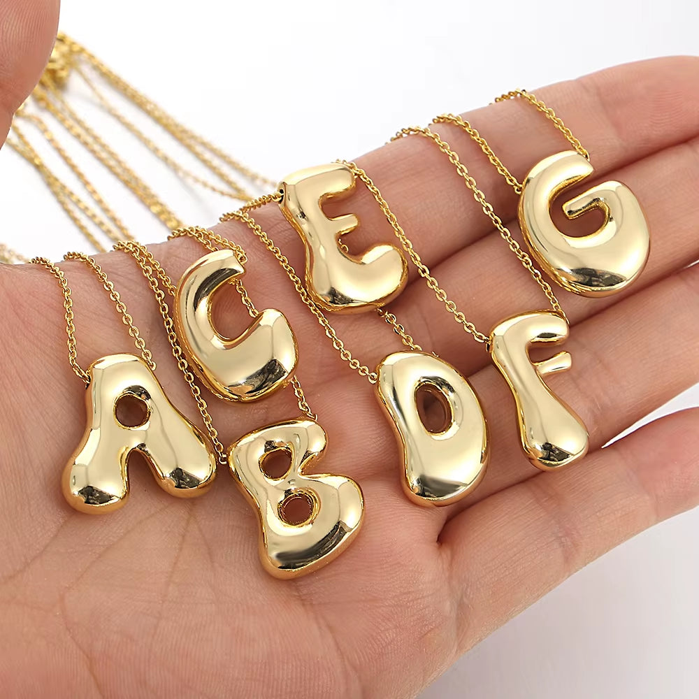 Elegant Golden Aura Bubble Letter Pendant Necklaces in Durable Gold Stainless Steel