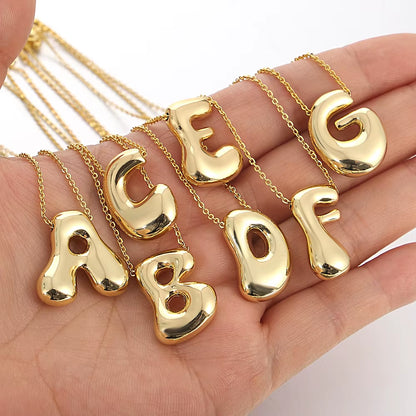 Elegant Golden Aura Bubble Letter Pendant Necklaces in Durable Gold Stainless Steel